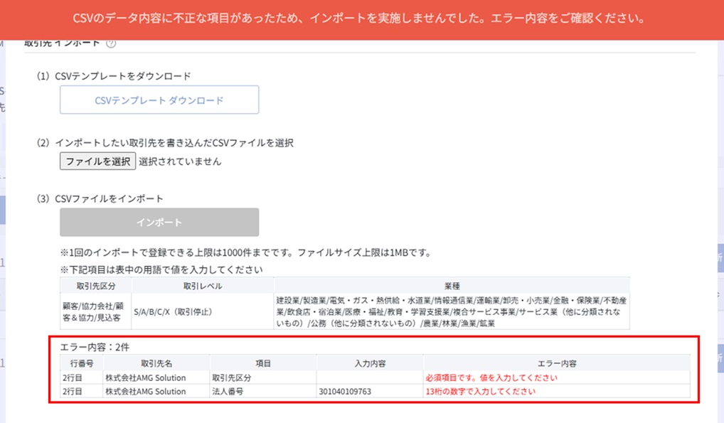 エラーメッセージの表示